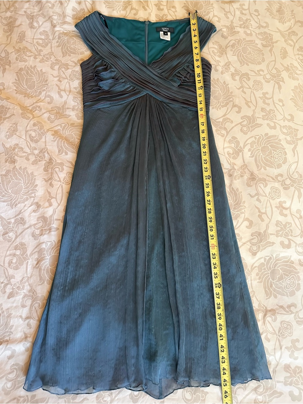 NWT Tadashi Shoji 100% Silk Iridescent Teal Pleated Crinkle Chiffon Dress 14 - Picture 13 of 15